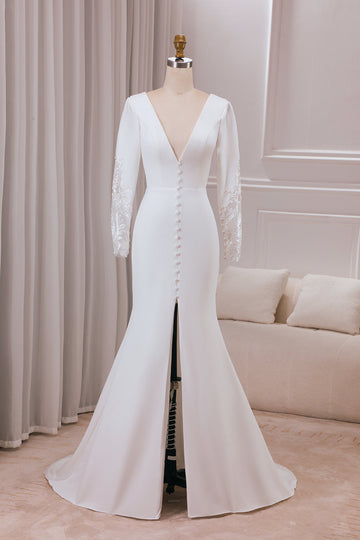 Ivory Deep V-Neck Long Sleeves Crepe and Lace Mermaid Bridal Dress